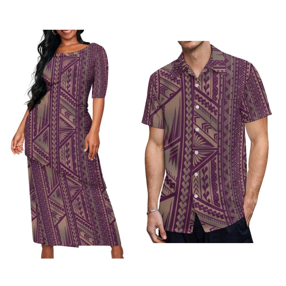 Summer Womens Slim-Fit Maxi Polynesian Samoa Soft Pair Suit and Mens Shirt Puletasi Dress Two-Piece Set