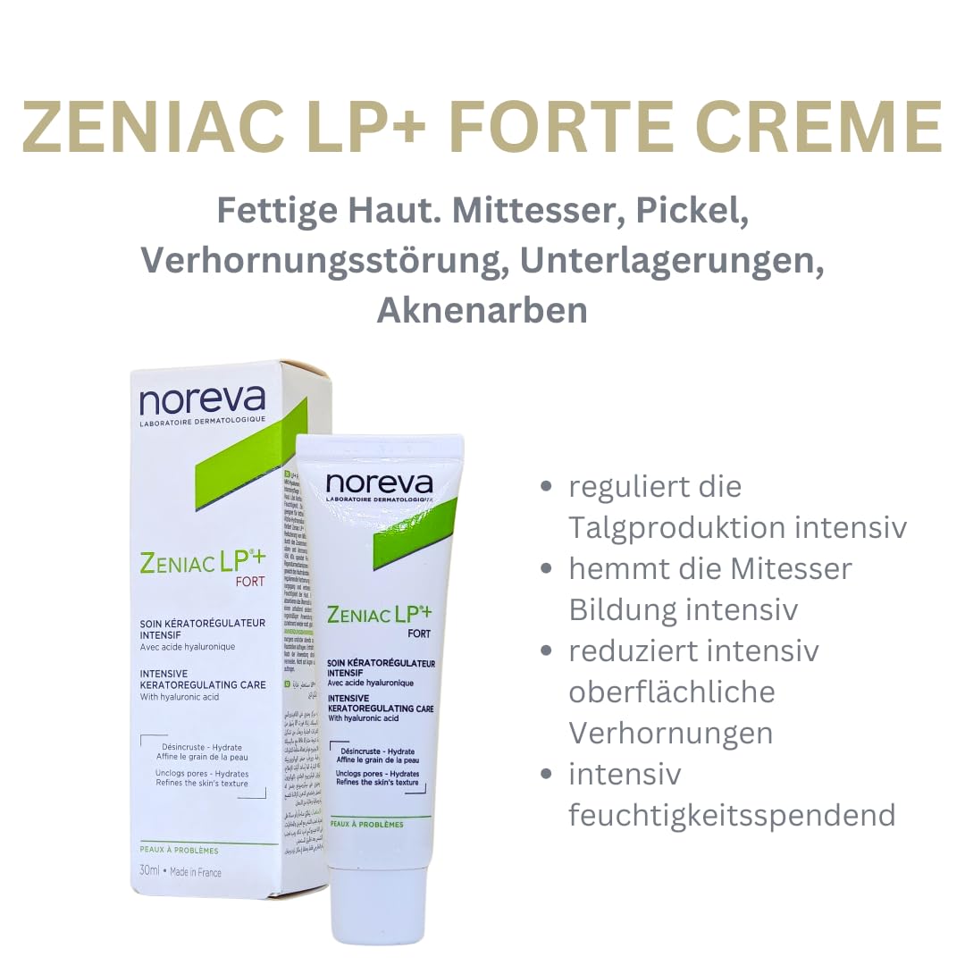 Noreva Zeniac LP+ Forte Creme 30 ml I mattierende Hautpflege bei unreiner Haut, Akne, Pickel und Mitessern I Hyaluronsäure I Feuchtigkeit I Spar-Set plus Pharma Perle give-away
