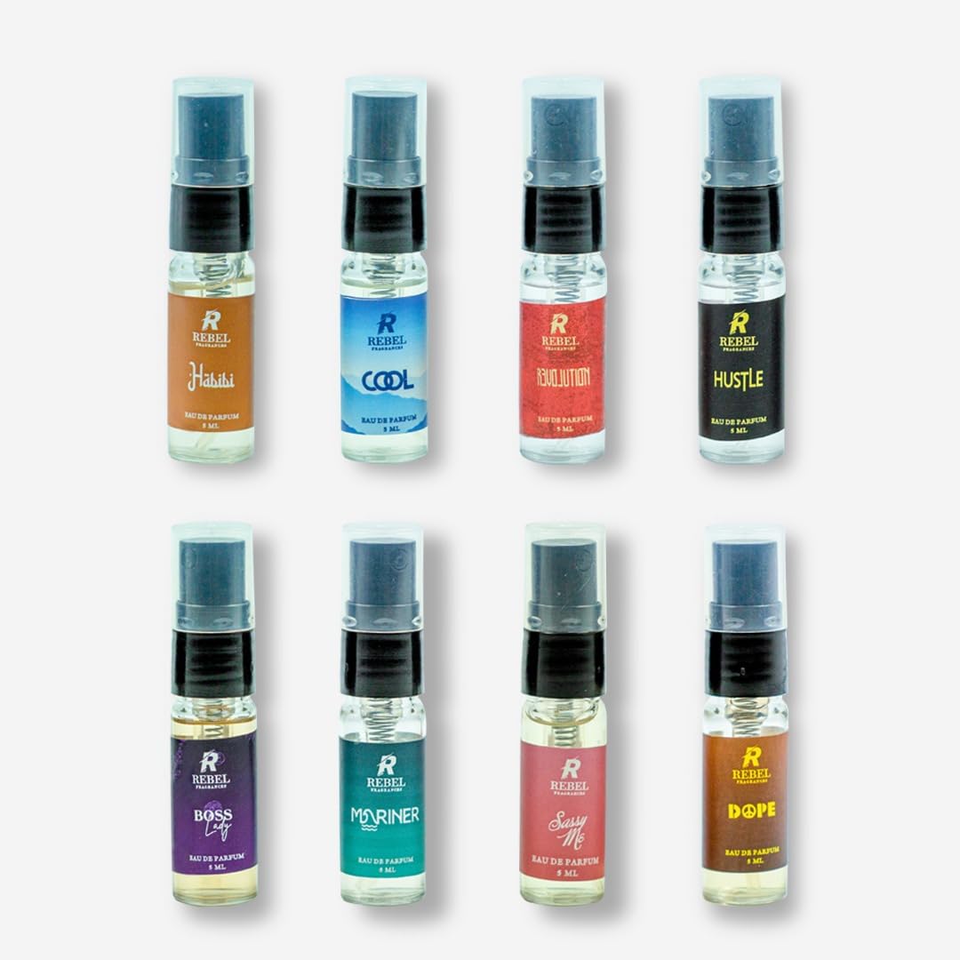 REBEL Luxury Perfume Gift Set 8 x 5ml Pocket Perfumes for Men Women Unisex Fragrance Mix Long Lasting Perfume Sweet, Floral, Musky, Spicy, Tobacco, Vanilla, Fruity & Oud