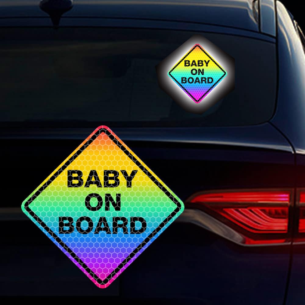 Nouiroy Baby on Board Stickers for Cars,Super Strong Reflective Classic Baby Caution Decals and Stickers 4.7 * 4.7in Car Window Bumper Safety Warning Sign Waterproof Vinyl Sticker (Rainbow)
