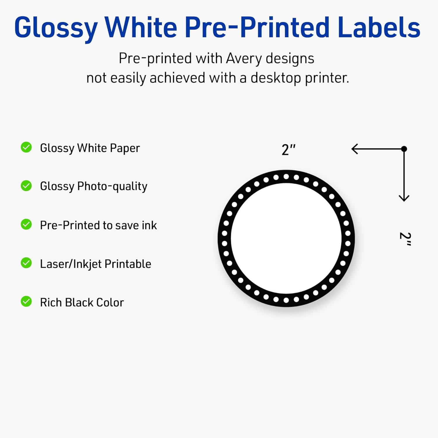 Avery Printable Round Labels, Sure Feed Technology, Black & White Polka Dots Design, 2" Diameter, Glossy White, Permanent Adhesive, Laser/Inkjet, 120 Total, Great for Product Merchandising