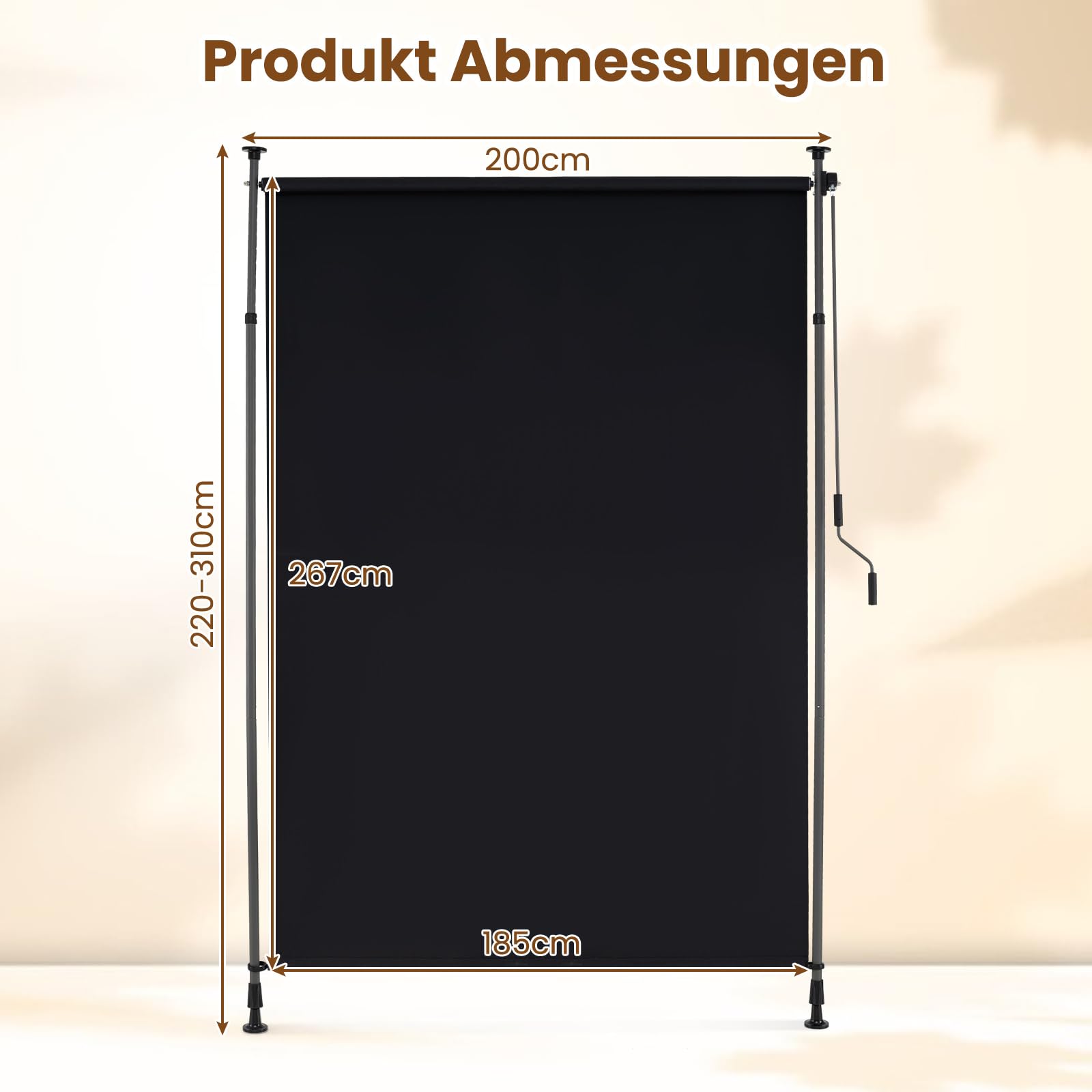 RELAX4LIFE Klemmmarkise Senkrechtmarkise 200 x (220-310) cm, Höhenverstellbar, Vertikalmarkise mit Handkurbel ohne Bohren, für Terrasse Balkon Garten, Sichtschutz, Ausziehbar & Blickdicht
