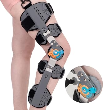 Hinged ROM Knee Brace with Shoulder Strap Post Op Knee Immobilizer Adjustable Knee Support with Side Leg Stabilizers for Men and Women