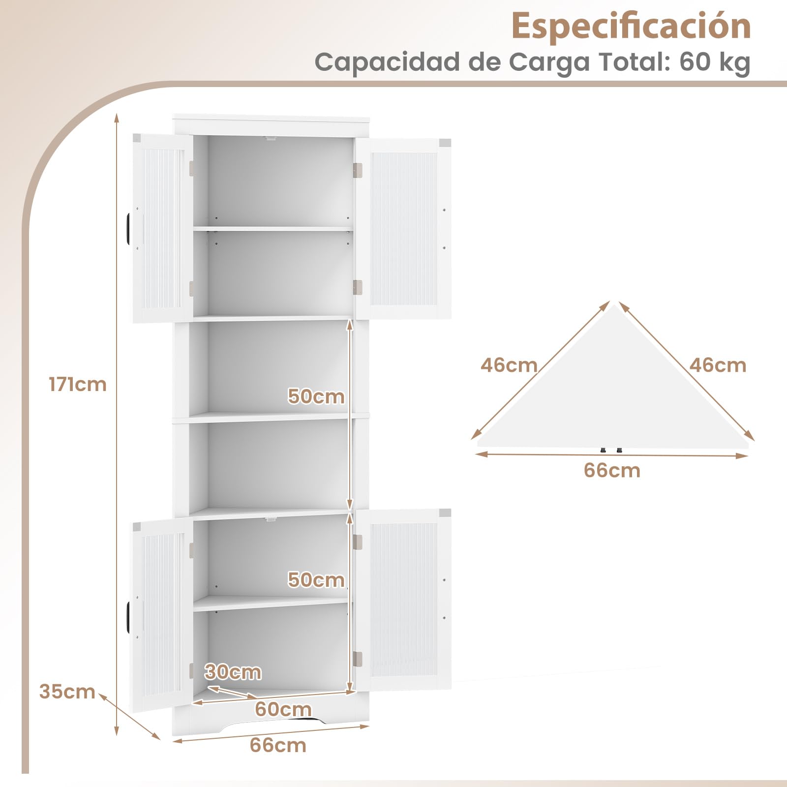 COSTWAY Armario Esquinero Alto de Baño, Mueble de Baño Triangular con 4 Puertas de Vidrio Templado, Estantes Ajustables, Gran Armario Despensa Independiente para Cocina Comedor (Blanco)