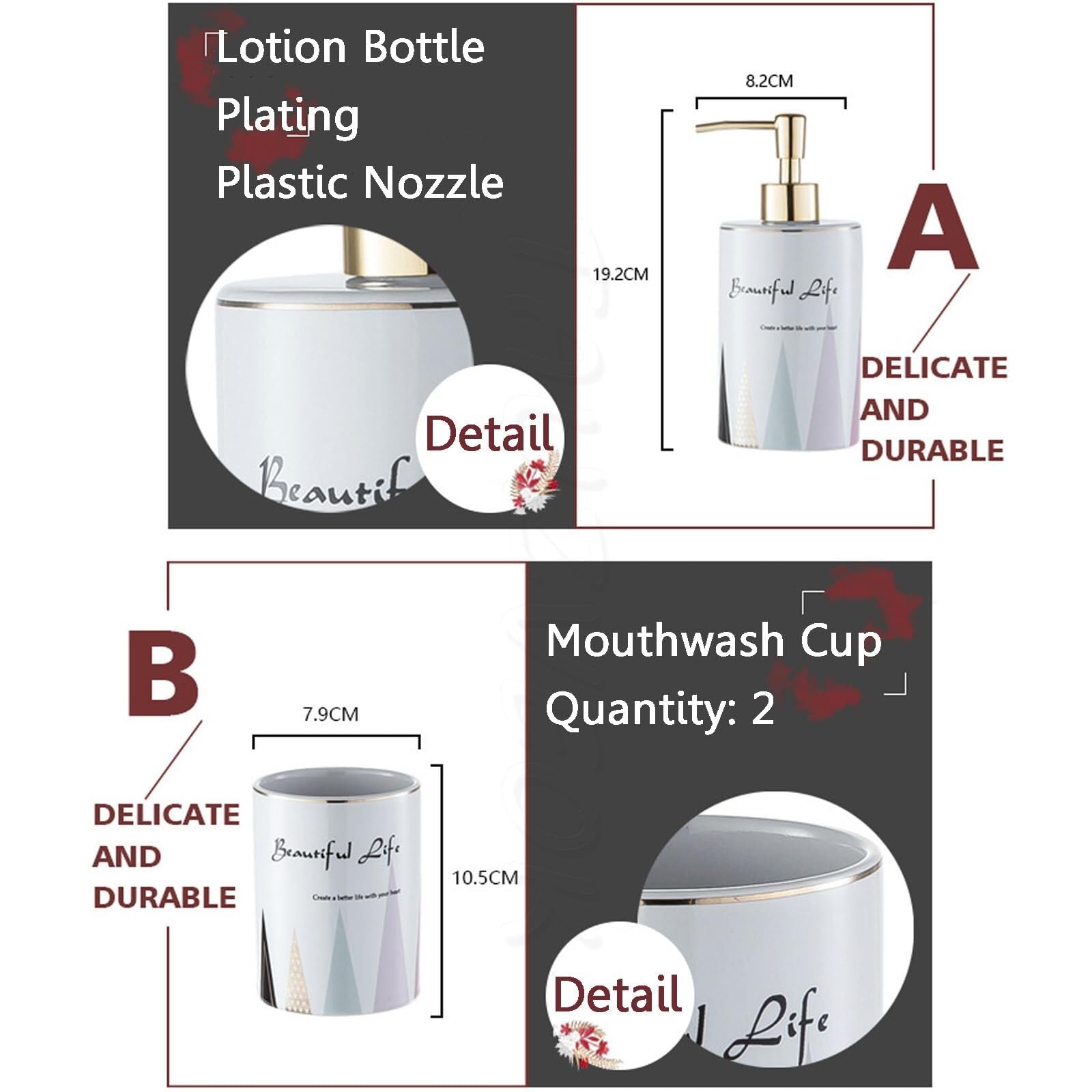 Juego de 4 dispensadores de jabón de baño, dispensador de jabón de cerámica, juego de vasos para cepillo de dientes, accesorios de baño con plato para decoración, decoración de lujo Badrum