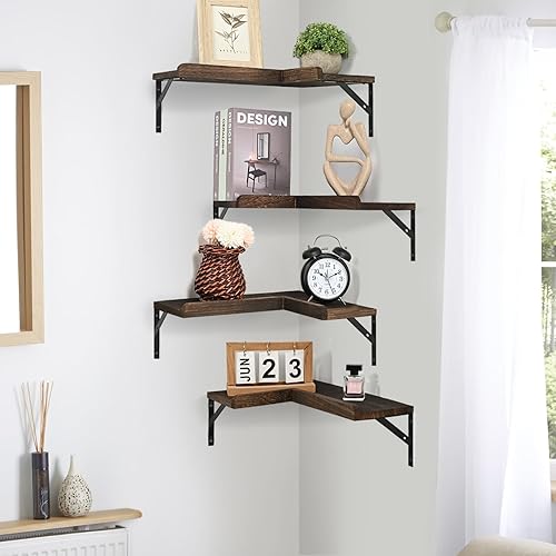 Miniatura 2 de Livofloral Estantes flotantes de esquina de 4 niveles con borde protector, estante de esquina flotante para almacenamiento, estante de pared de