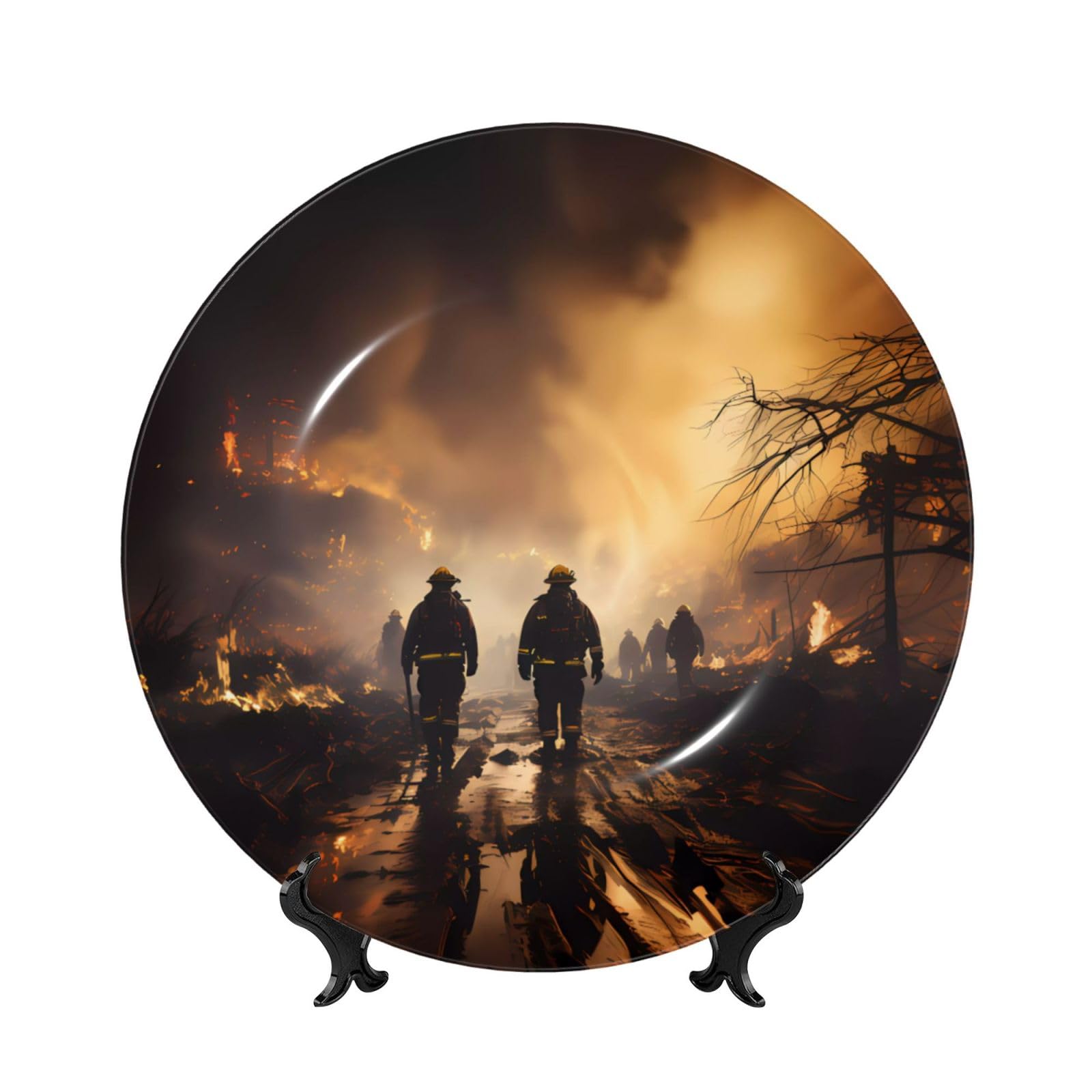 SXZVVBN Firefighters fighting fires Bone China Decorative Plate Art with Stand Removable Adhesive Hanging for Home Office 10in（25cm）