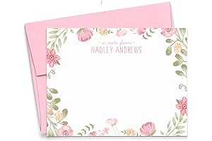 Personalized Stationary Set for Girls FLAT NOTE CARDS, Pink Greenery Stationery Set...