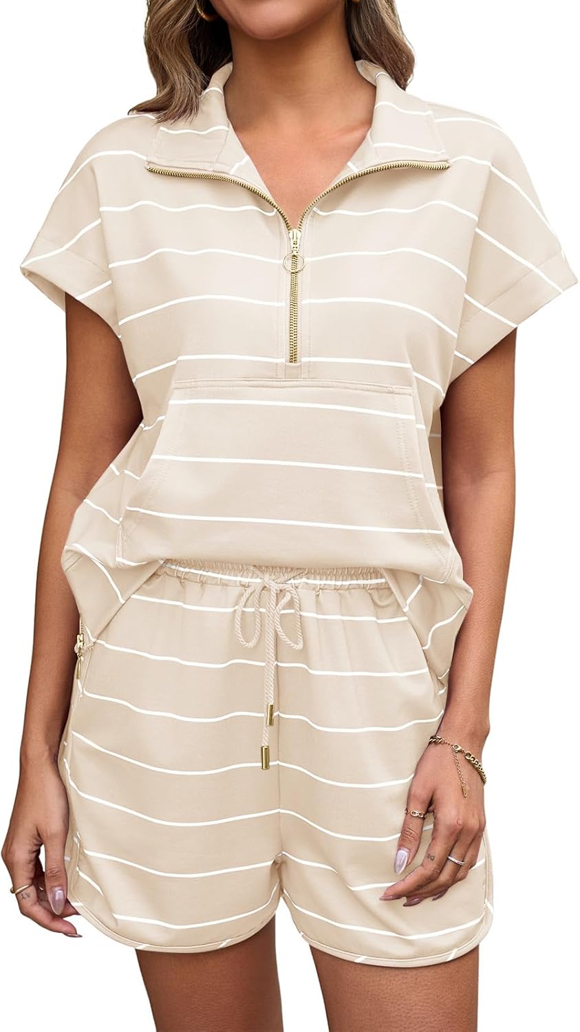 Fisoew Women Summer 2 Piece Outfits Striped Short Sleeve Zipper Shirts Casual Shorts Loose Lounge Short Sets - Image 2