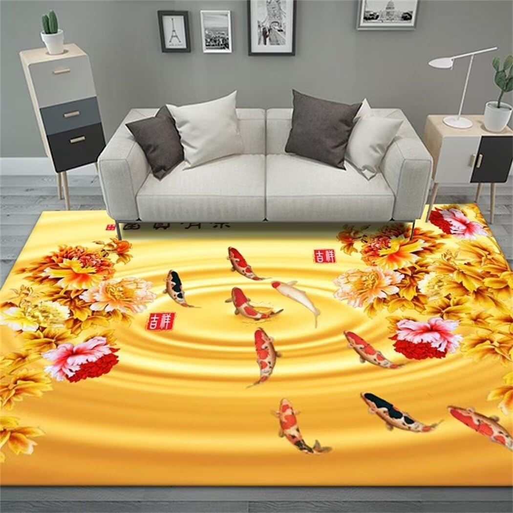 Tapis chinois imprimé jaune pour créer un coin bureau zen dans votre grand salon