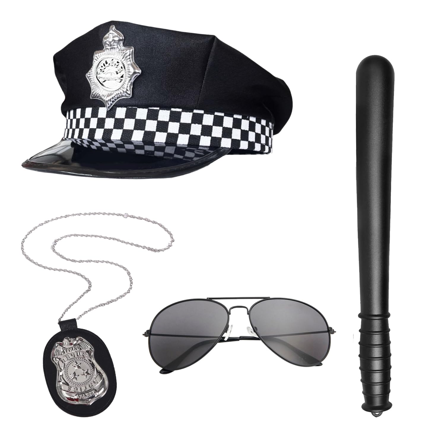 DVOFU 4Pieces Police Accessories Set Plastic Toy Stick Policeman Hat with Checked Band Necklace Sunglasses Police Costume Set for Adult Party Role Play