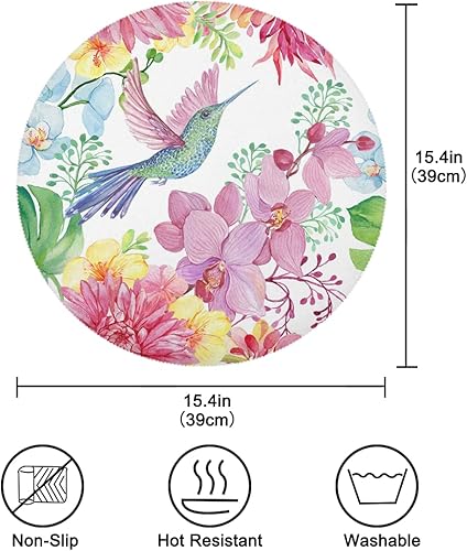 Miniatura 2 de Juego de 1 manteles individuales redondos, diseño de orquídea y colibrí, antideslizantes, resistentes al calor, para niños, 15.4 pulgadas