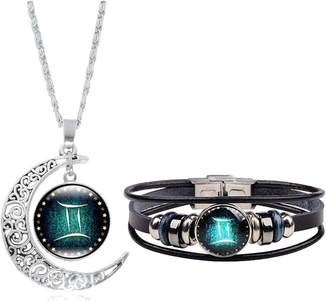 Dcfywl731Zodiac Necklace Bracelet Set for Men Gifts 12 Constellation Necklace Bracelet Weave Multilayer Leather Bracelet and Moon Pendant Necklace Christmas Jewelry Set for Women Christmas Gifts