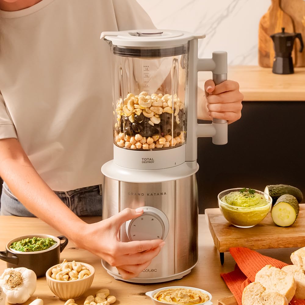 Cecotec Batidora de Vaso Grand Katana 2700MAX Total Destroy W. Potencia nominal 1800W, Tecnología Contrarrotante, Cuchilla 8 Hojas Recubrimiento Titanio Negro, Jarra Termorresistente 1,8 L