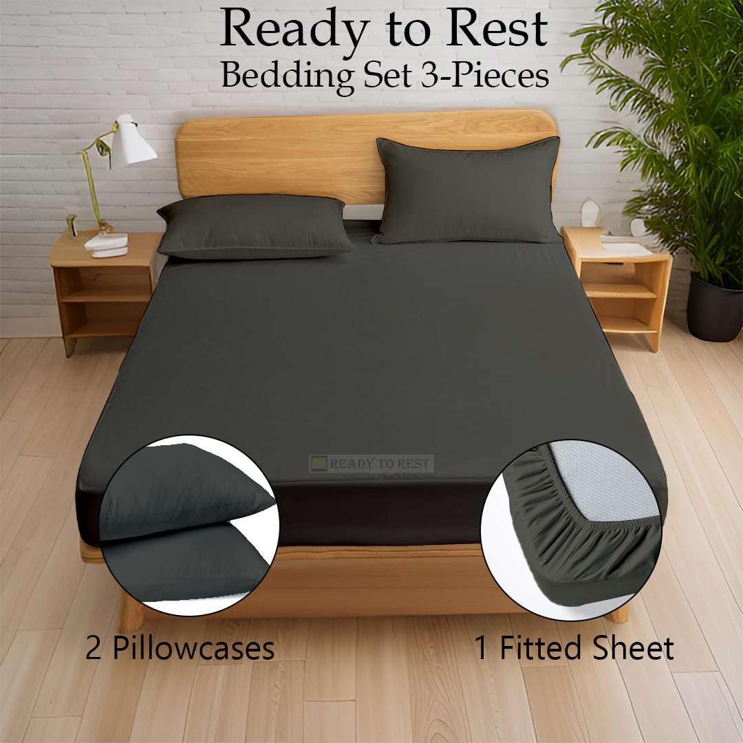 Ready To Rest Olympic Queen Sheet Set, 3 Piece Set, Fits Mattress 15 Inch Deep with Elastic All Around, Brushed Microfiber, Soft & Luxurious, Fitted Sheet & Pillowcases (Dark Grey)