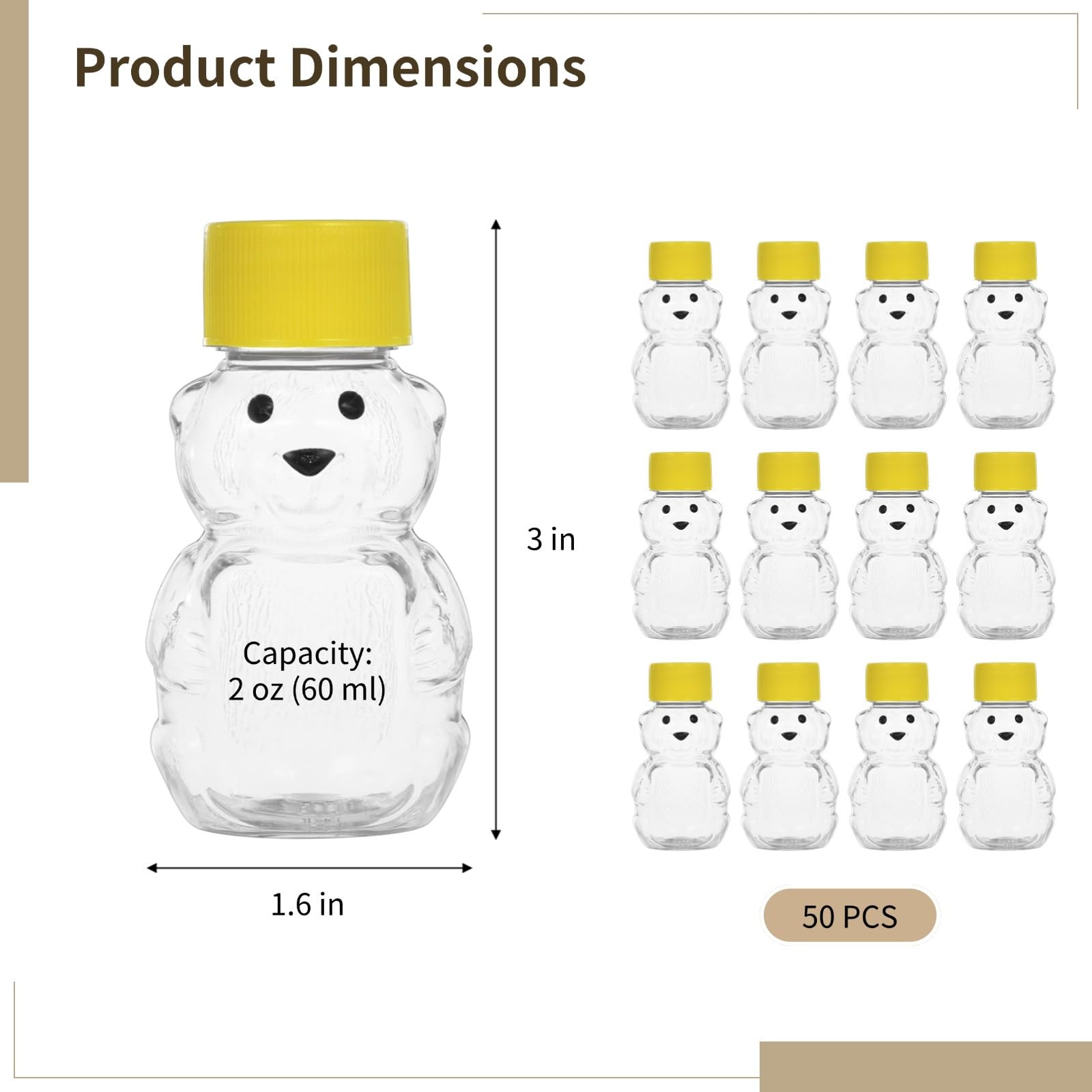 50 Stück klare Honiggläser in Bärenform, 57 ml, Kunststoffbehälter mit luftdichten Schraubverschlüssen, transparente Mini-Honigflaschen für Partys, Geschenke und Gastgeschenke