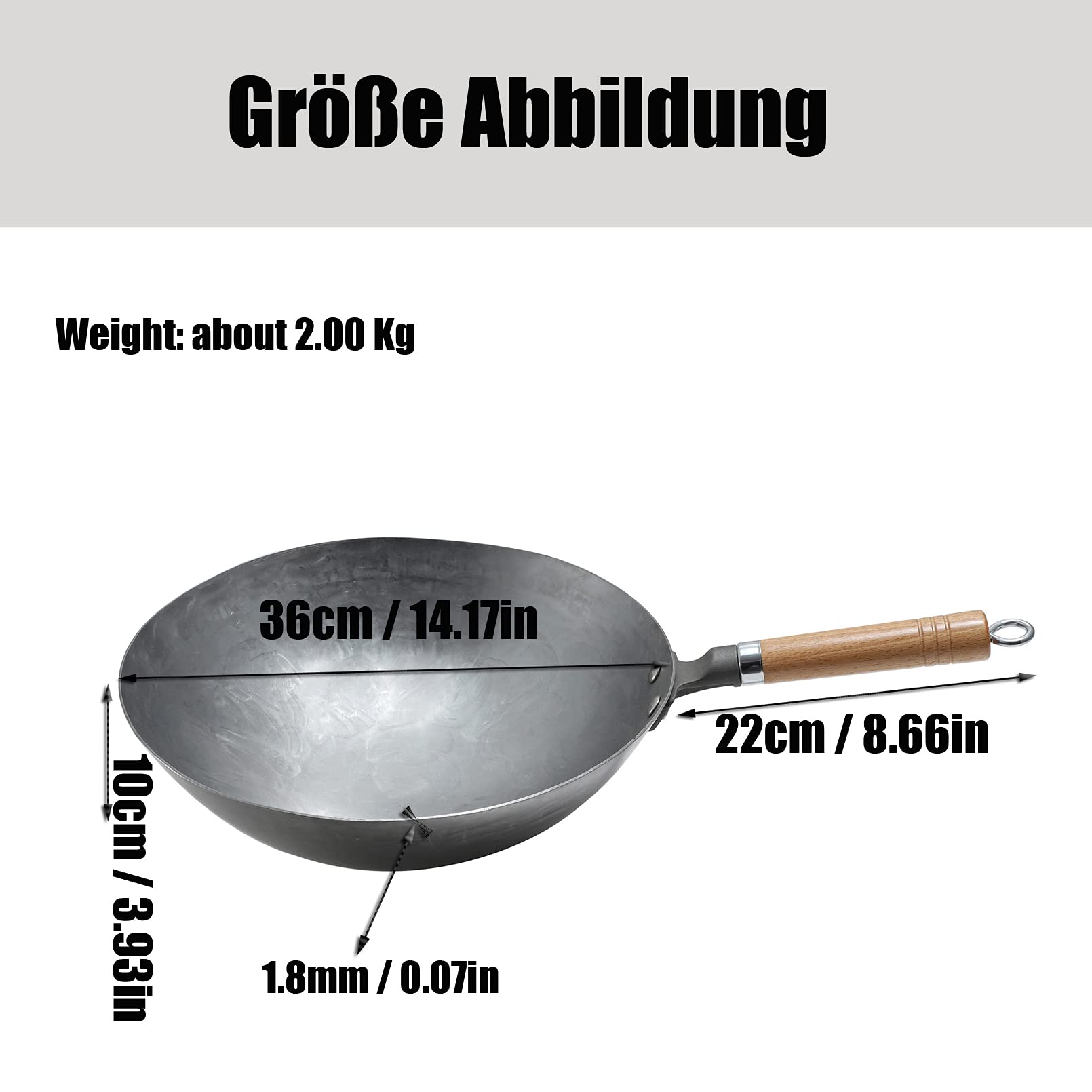Wok Wok Tradizionale Wok in Acciaio al Carbonio Martellato A Mano con Manico in Legno E Acciaio Manico Rimovibile Wok Spesso 1,8 mm con Coperchio (Base Rotonda),36cm