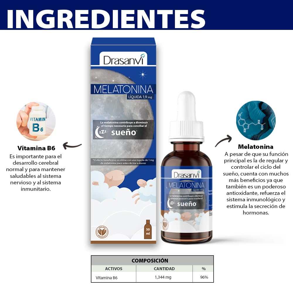 DRASANVI Melatonina Pura de 1,9 mg |Ayuda a Conciliar el Sueño| Potente Antioxidante| Ayuda en la Producción de la Hormona del Crecimiento (GH)| Rápida Absorción| Envase 50 ml= 31 Días| Sabor Limón