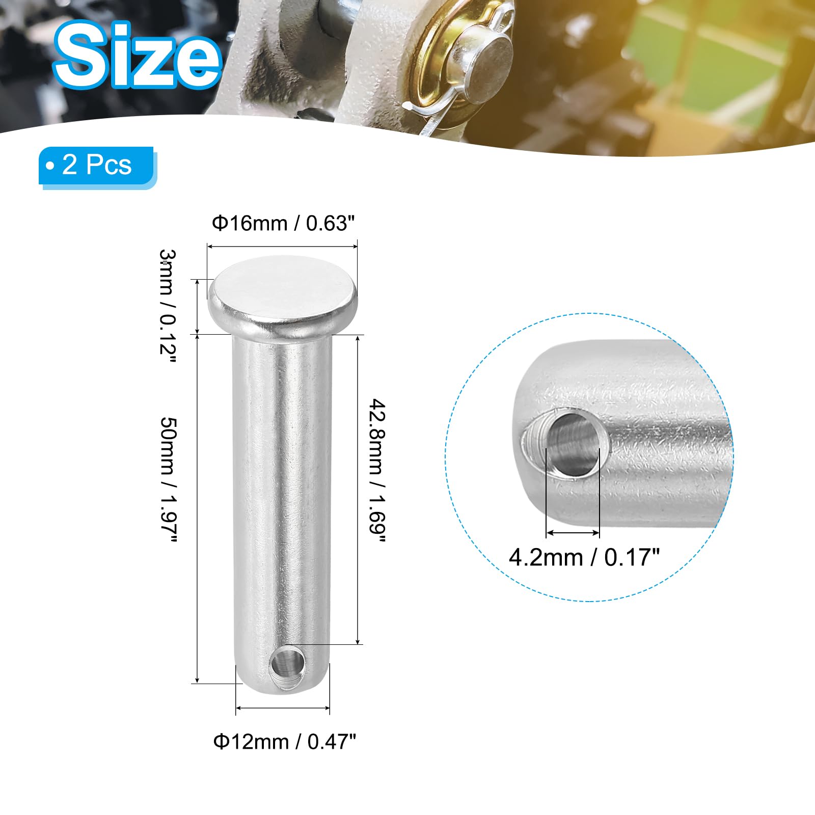 PATIKIL 12 x 50 Mm Single Hole Clevis Pins, 2 Pcs 304 Stainless Steel Flat Head Pin for Hitch Pin Lock Link Hinge Systems Silver - Image 2