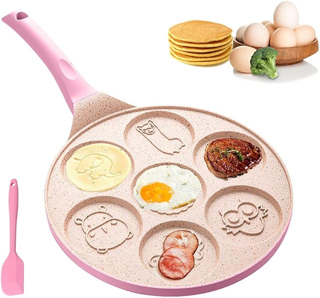 Pancake Pan, Nonstick Griddle Pan Pancake Pan Mini Pancake 7-Cup Mold Maker Grill Pan for Kids Gifts Cake Fried Egg 7 Animal PFOA Free (Pink Animal)