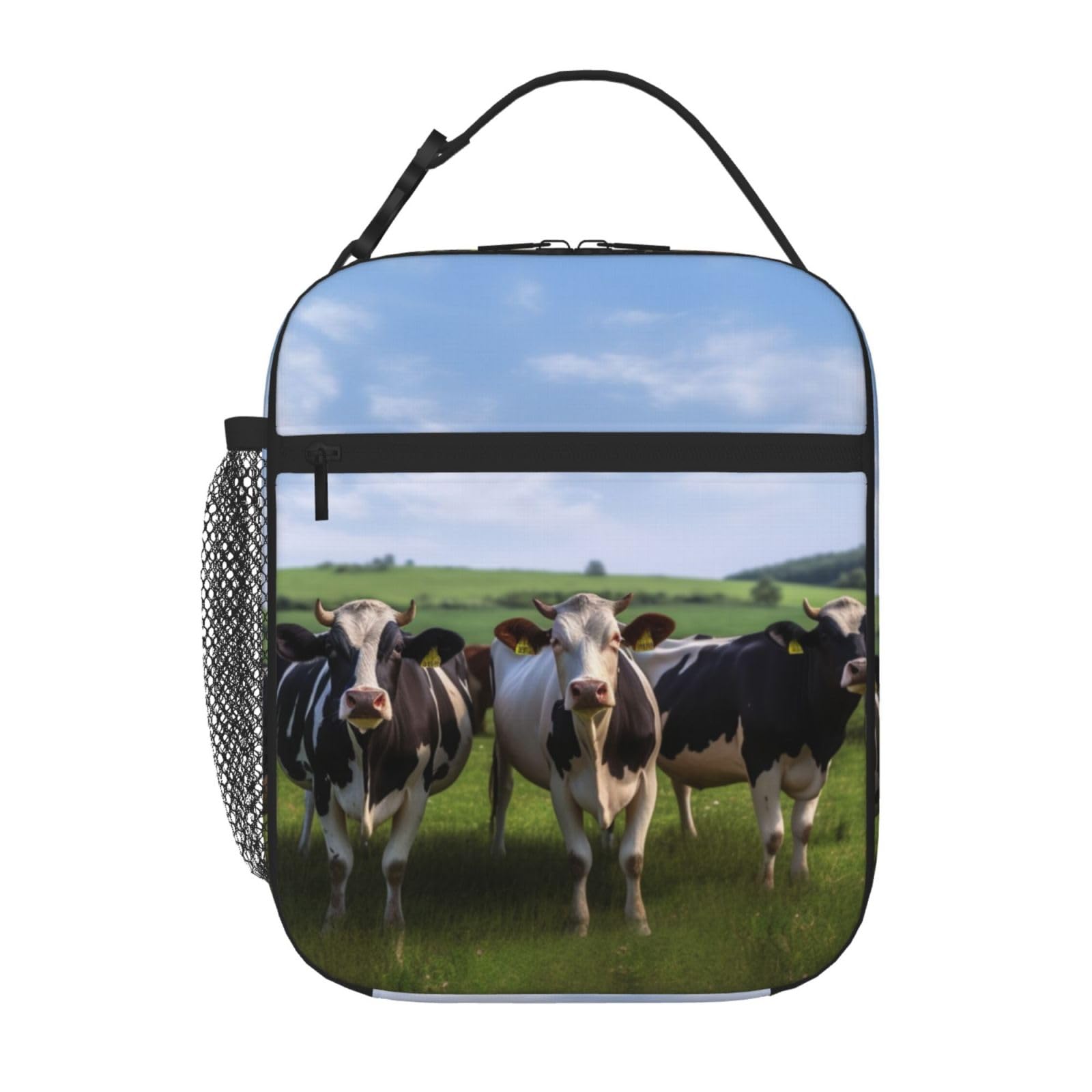 Borsa termica per il pranzo con mucca nera, riutilizzabile