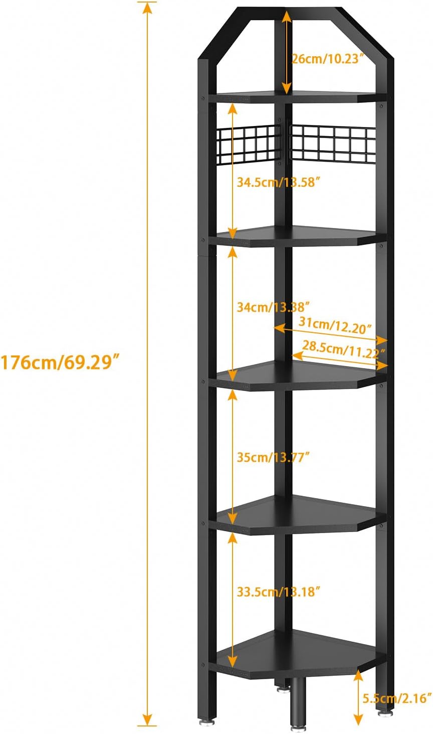 YMYNY Corner Shelf Stand, 5-Tier Wall Corner Bookcase, Corner Ladder Shelf, Metal Frame, Display Shelf with Wire Grid, S Hooks, Multi Tall Shelf for Living Room, Office, Small Space, Black UHBR006B