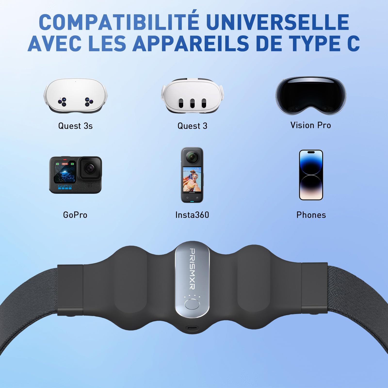 PRISMXR Batterie 10 000 mAh Compatible avec Meta Quest 3S/3/2, Chargeur Portable USB-C 30W Charge Rapide pour VR, Pico 4 Ultra, Vision Pro, Phone (Carina W1)