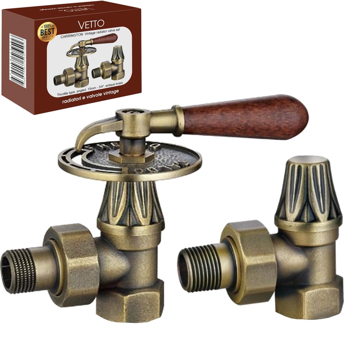 VETTO CARRINGTON VT626 Juego de Válvulas Manuales Acodadas para Radiadores Vintage con Bloqueo. Mango de Madera Tipo Acelerador, Conexiones: 3/4" 15 mm, Cuerpo de Latón con Acabado Latón Antiguo.