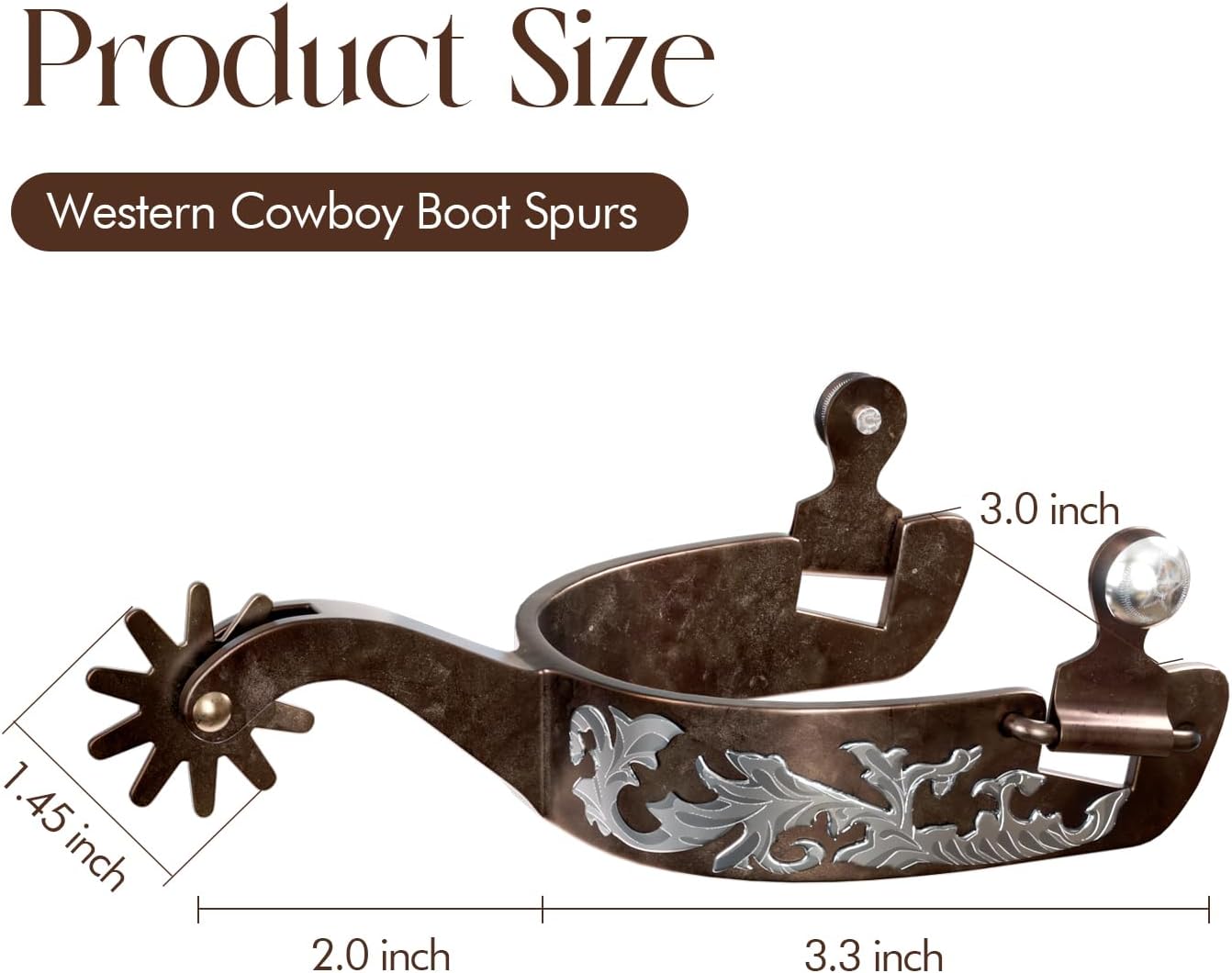 Western Cowboy Spurs, 1 Pair Horse Spurs with Rowels, Antique Horse Boot Spurs with Hand-Carved Decoration for Adult Equestrian