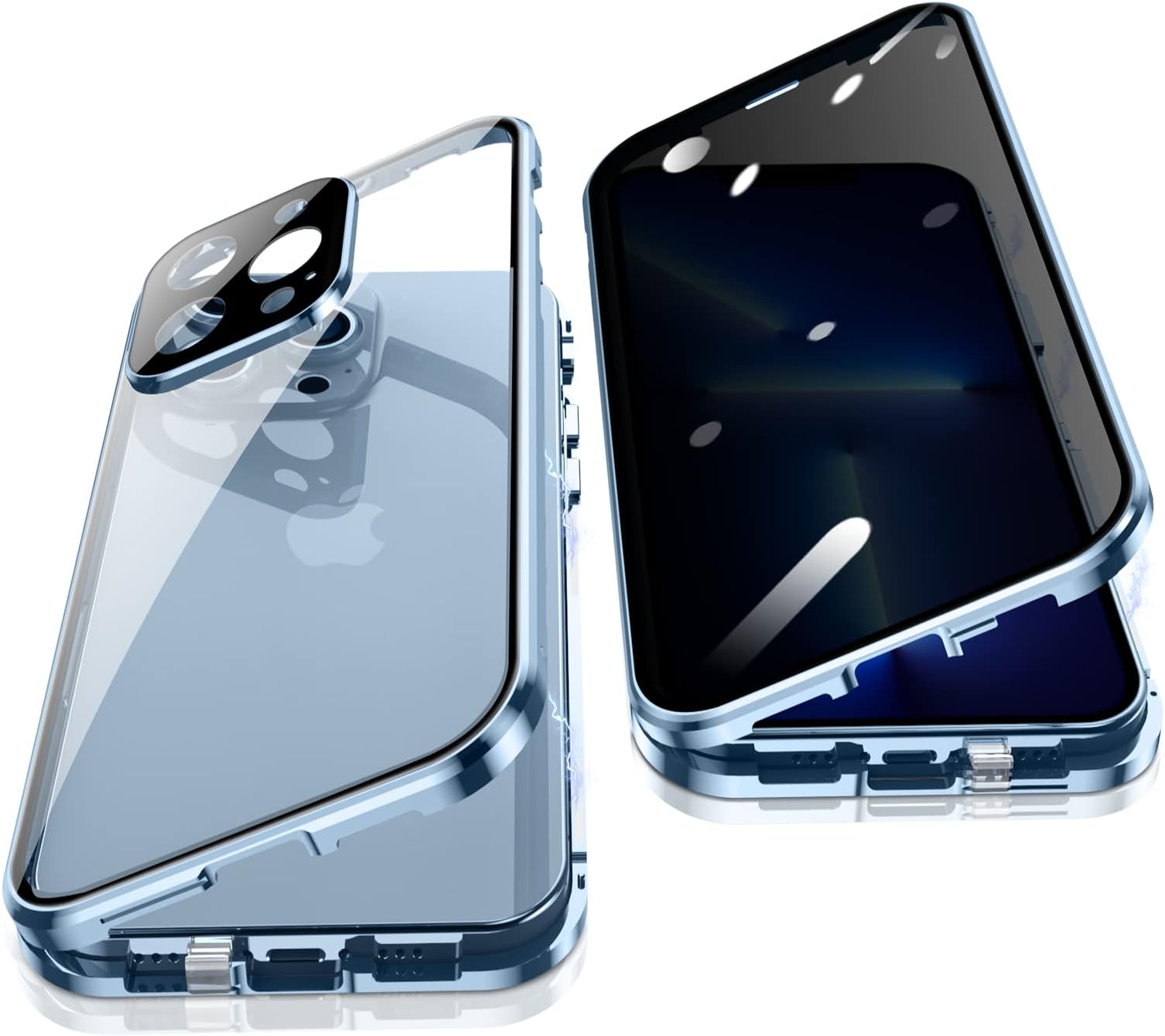 Jonwelsy Anti Peeping Case for iPhone 13 Pro (6.1"), 360 Degree Front and Back Privacy Tempered Glass Cover, Anti SPY Screen, Anti Peep Magnetic Adsorption Metal Bumper for iPhone 13 Pro (Blue)