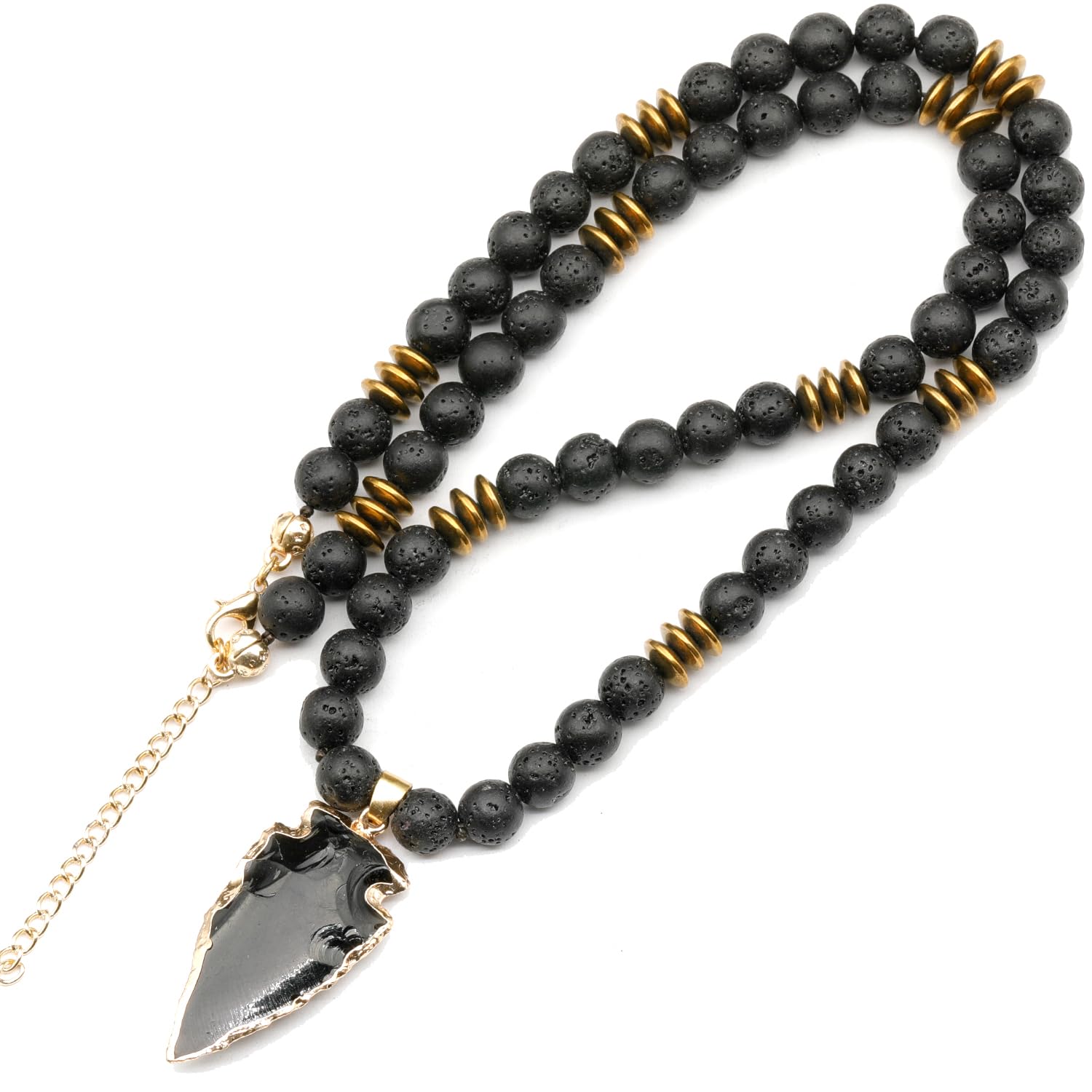 ElisaJewelryArt - Natural Obsidian Arrow Head Pendant Black Lava Stone Beaded Necklace Genuine Gemstone Protection Stone Clasp Closure Necklace Unisex
