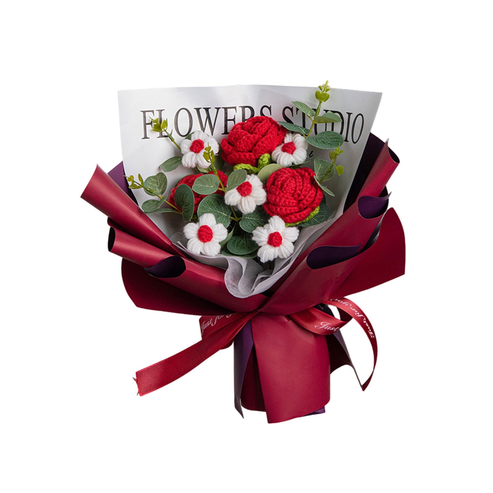 YROHGKPN Rose Flowers Bouquets for Christmas, Mother Day, Artificial Flower Crochet Flowers with String Light and Gift Bag Graduation Ceremony