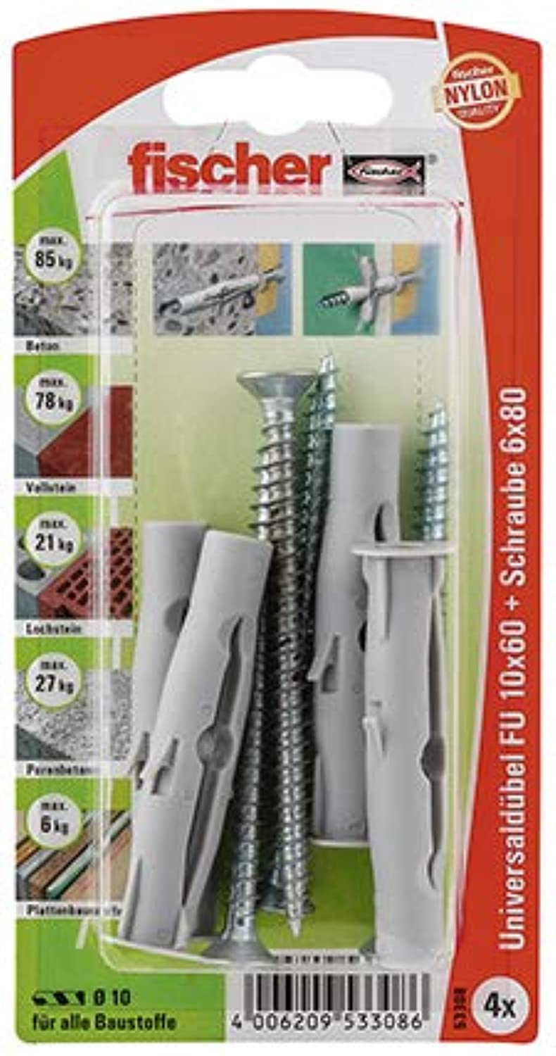Fischer Sports 84328 Screw Kit - Screws & Bolts (Screw Kit) Universal Plug FU 10 x 60 S For Concrete, Vertically Perforated Brick & Hollow Block