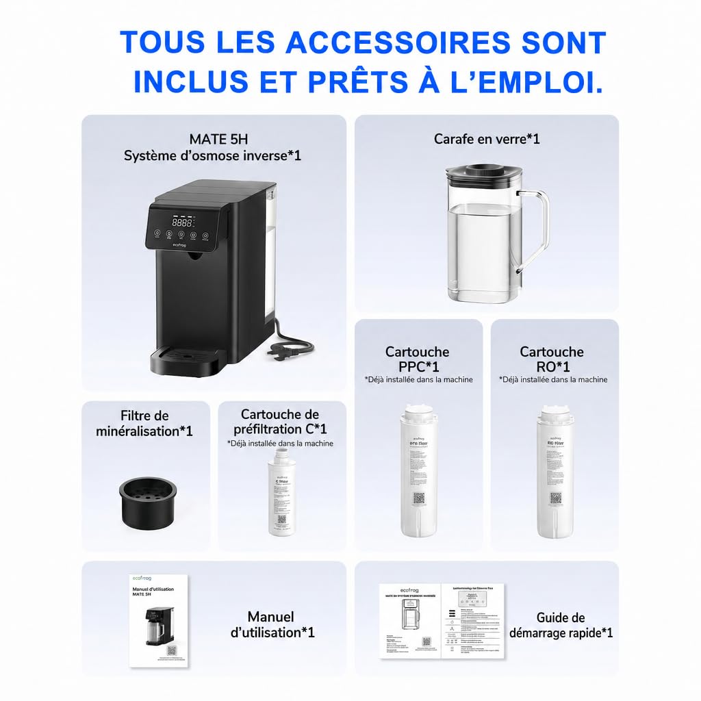 Ecoviva MATE 5H Système d'osmose inverse sur table – Filtre à eau de table avec 3 filtres séparés, stérilisation UV & distributeur d'eau chaude, réduction de PFAS d'eau, eau alcaline, compact