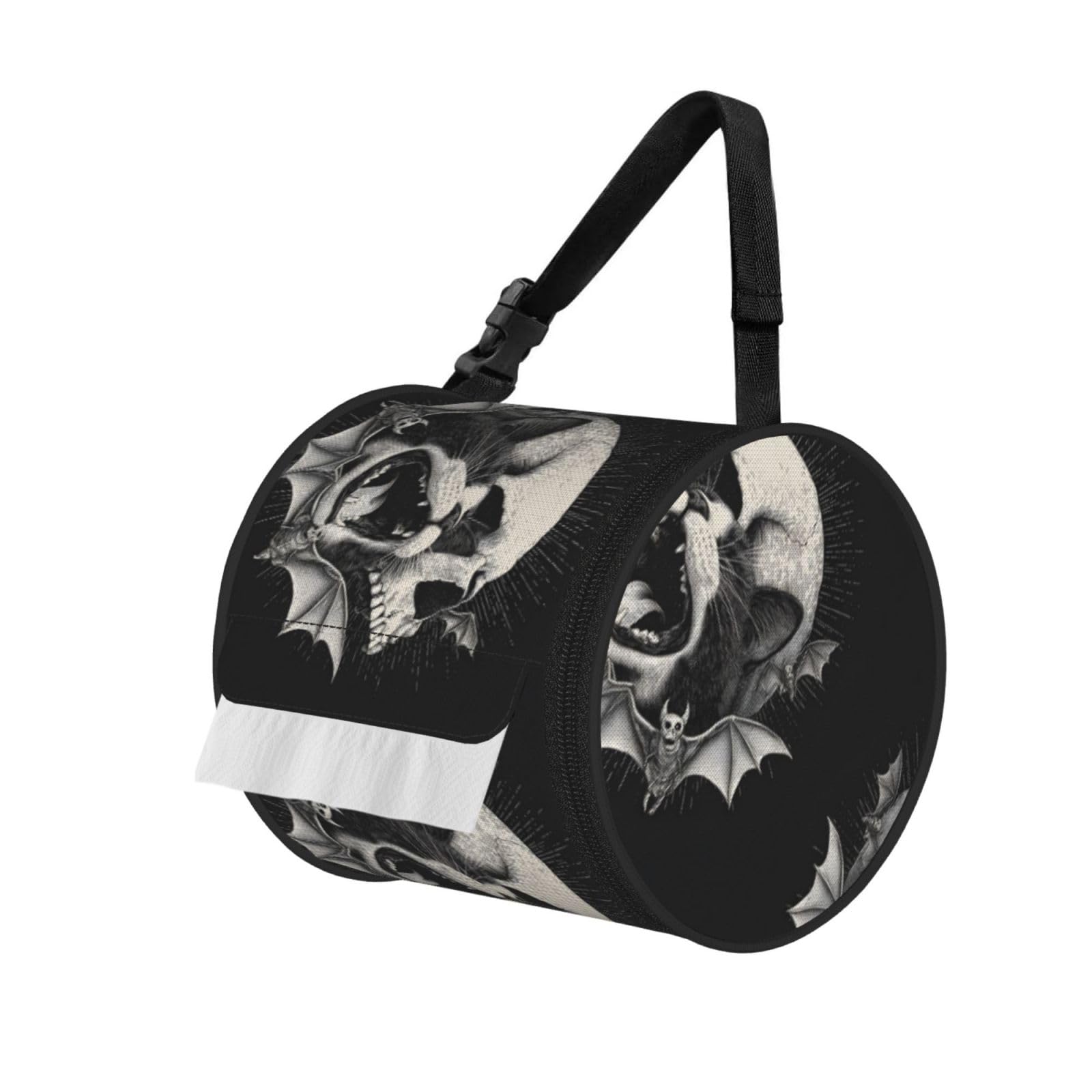 Cat Halloween Skull Bat Printed Cylindrical Tissue Bag Portable Oxford Cloth, Foldable Travel Tissue Holder With Zipper And Adjustable Belt