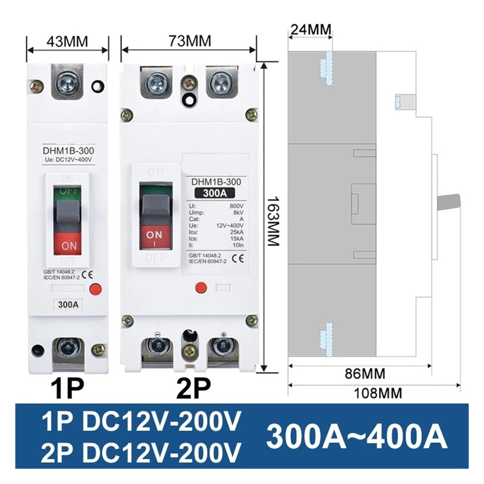1 sztuk 24V DC 12V 48V 72V MCCB 250A plastikowe pudełko wyłącznik automatyczny 100A 200A bateria ładowania samochodu osłona baterii (Color : 40A, Size : 1P-20)