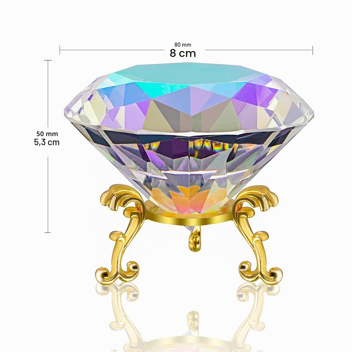 C&Z Presse-papier en cristal de 80 mm - Attrape-soleil arc-en-ciel - Fond en diamant pour ongles - Décoration de maison/bureau - Gros faux diamant avec base en métal doré (revêtement AB)