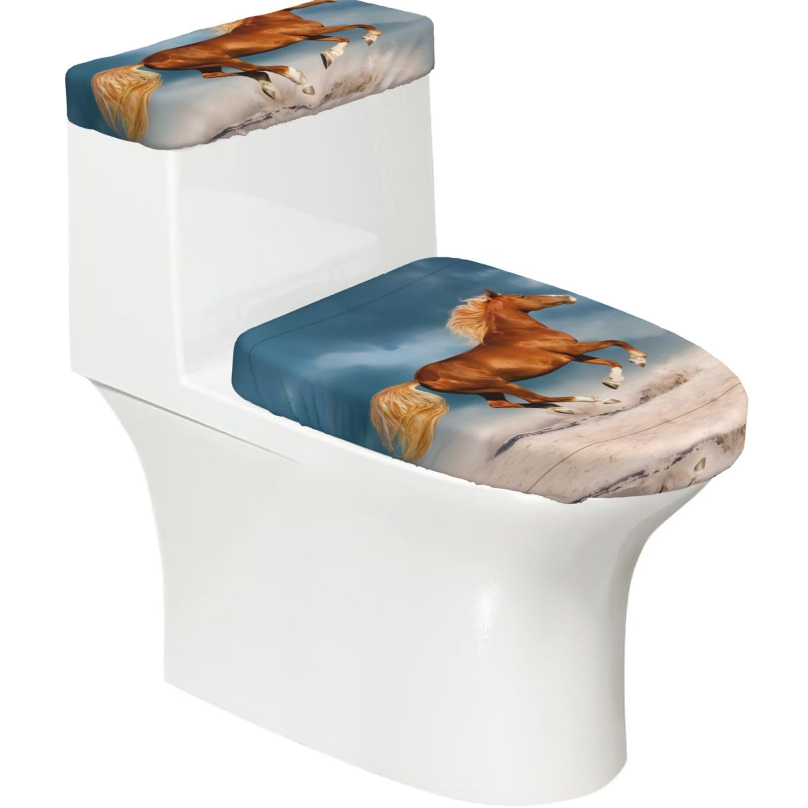 Red Runing Horse 2-Piece Toilet Seat Cover Set with Tank Lid, Elastic Fit for U-Shape & Elongated Toilets, Bathroom Decor, Housewarming Gift