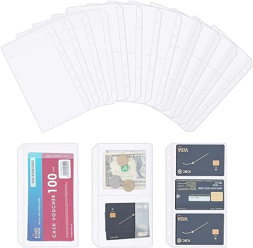 Miniatura 10 de 60 bolsillos para carpeta, 6 agujeros con cremallera, carpetas transparentes de PVC para tarjetas de hojas sueltas, sobres de efectivo para carpetas