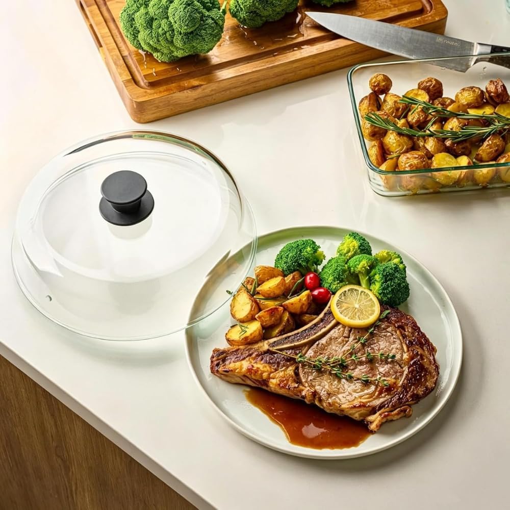 Tapa Microondas, 10 Pulgadas Tapa Microondas Cristal, Ideal Para Cocinas y Oficinas, Vidrio De Borosilicato, Transparente, Resistente Al Calor, Antisalpicaduras, Lavavajillas