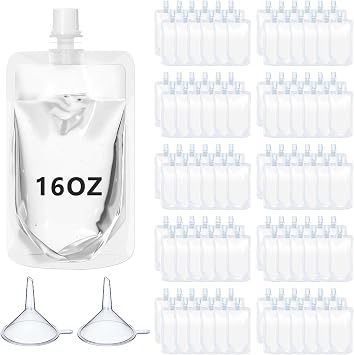 100 Pcs Plastic Pouches Bulk Clear Juice Bags Squeeze Pouches Plastic Leak Proof Bags with Funnel for Party Favors 16 oz