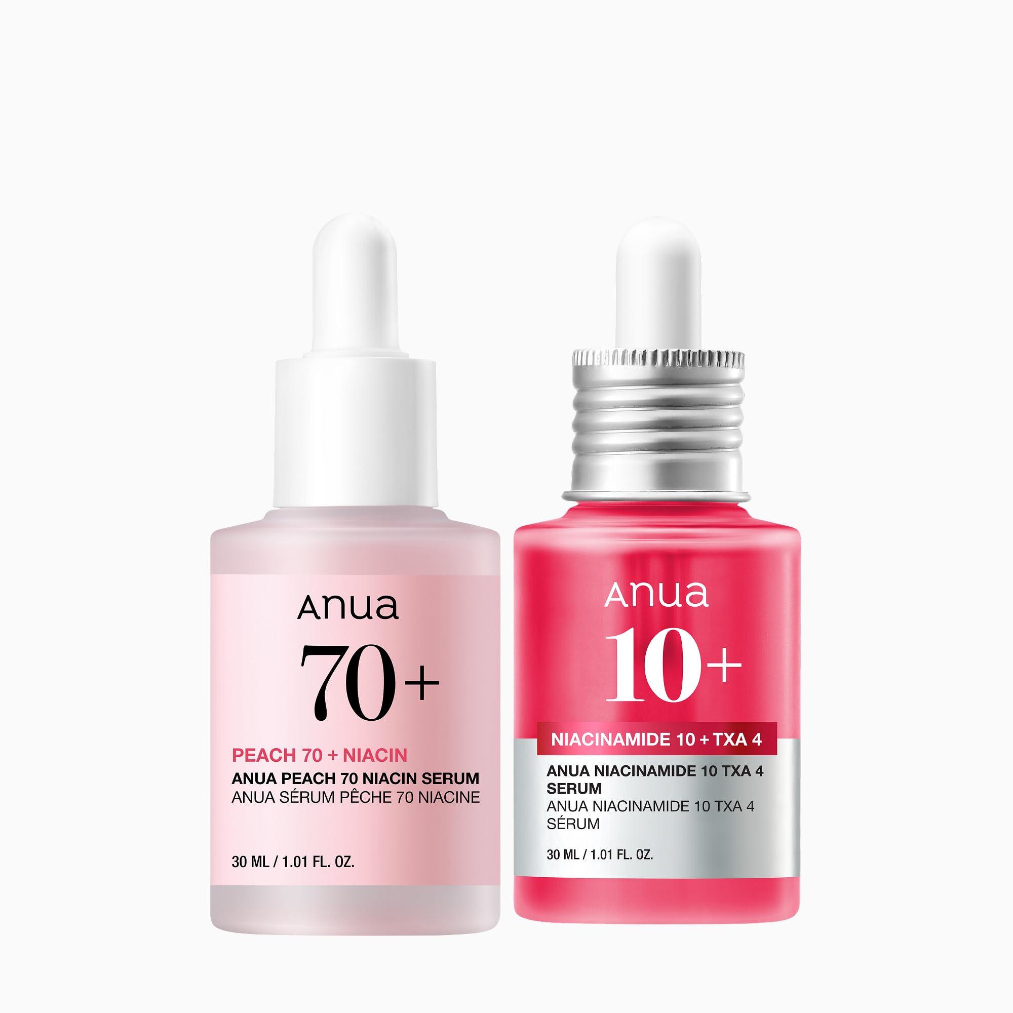 Anua Pink Serum Duo for Korean Glass Skin:10% Niacinamide + 4% Tranexamic Acid Serum & Peach 70 Niacinamide Serum for Dull Skin & Barrier, Fragrance-Free, Korean Skincare