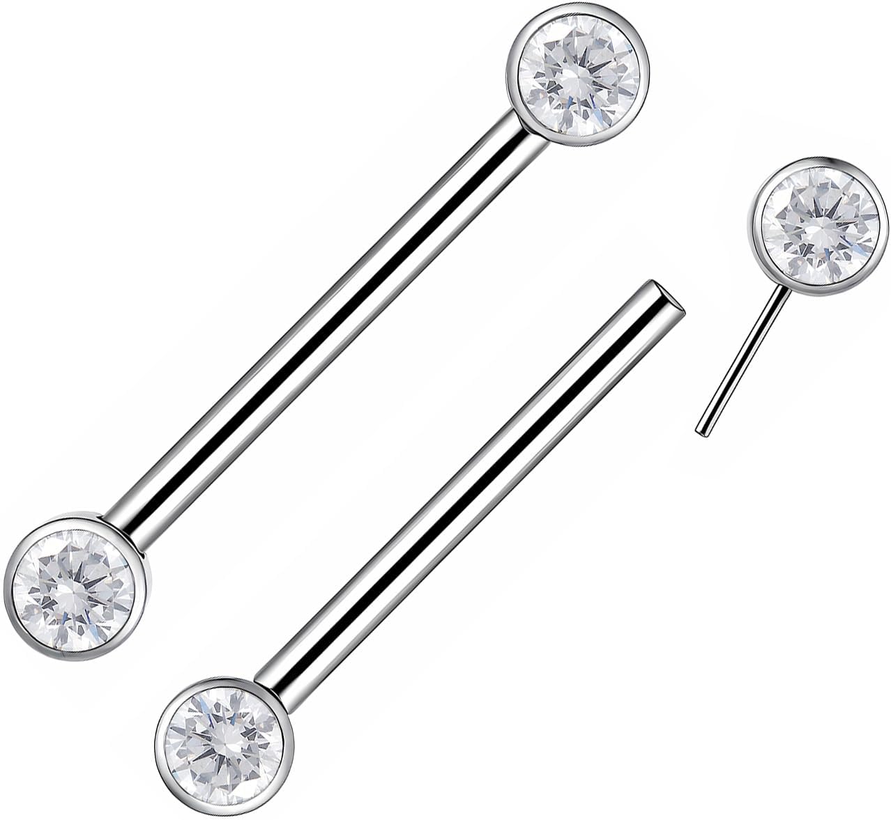 2PCS Titanium 14G Threadless Nipple Barbell | 16mm Bar | Round CZ Gem Implant Grade Body Jewelry