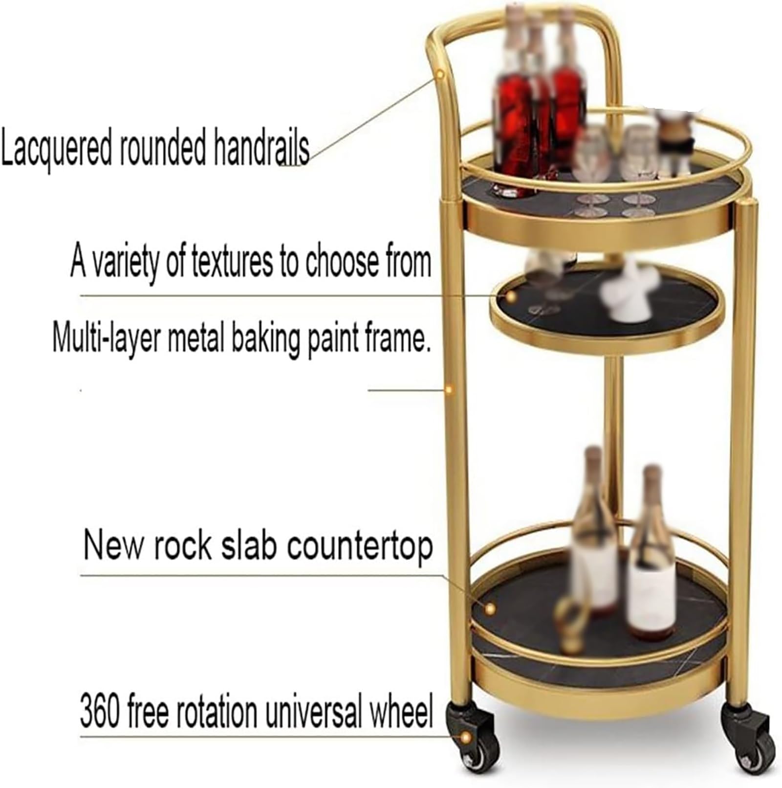 Générique Chariot de Service 3 Niveaux Rond Cadre métal Ardoise | Chariot bar avec roulettes, rangement mobile, for boissons, cuisine, salon(D)