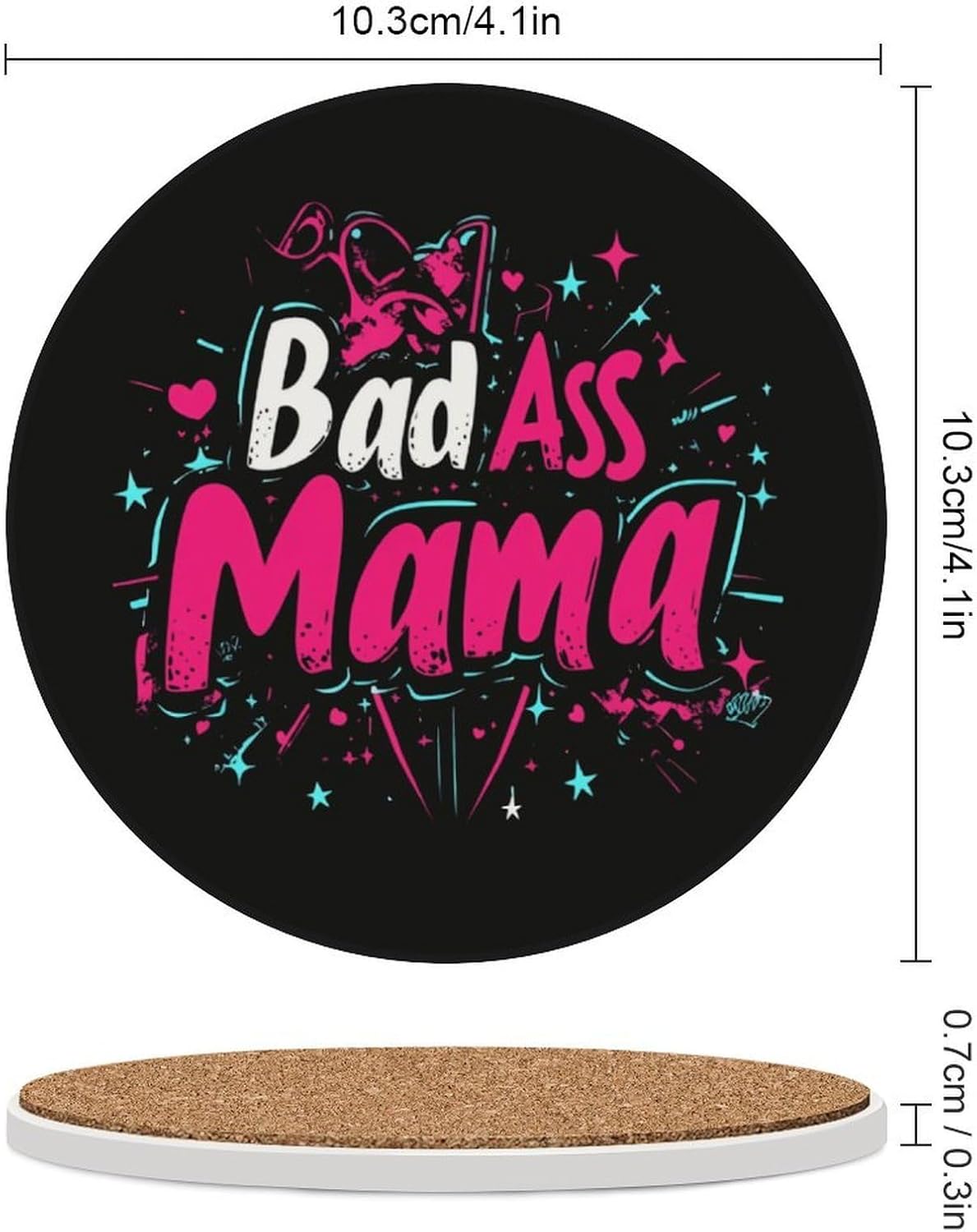 Bad Ass Mama Round Ceramic Coasters Print Drinks Absorbent with Cork Base for Home Decor Gifts 4 Inch