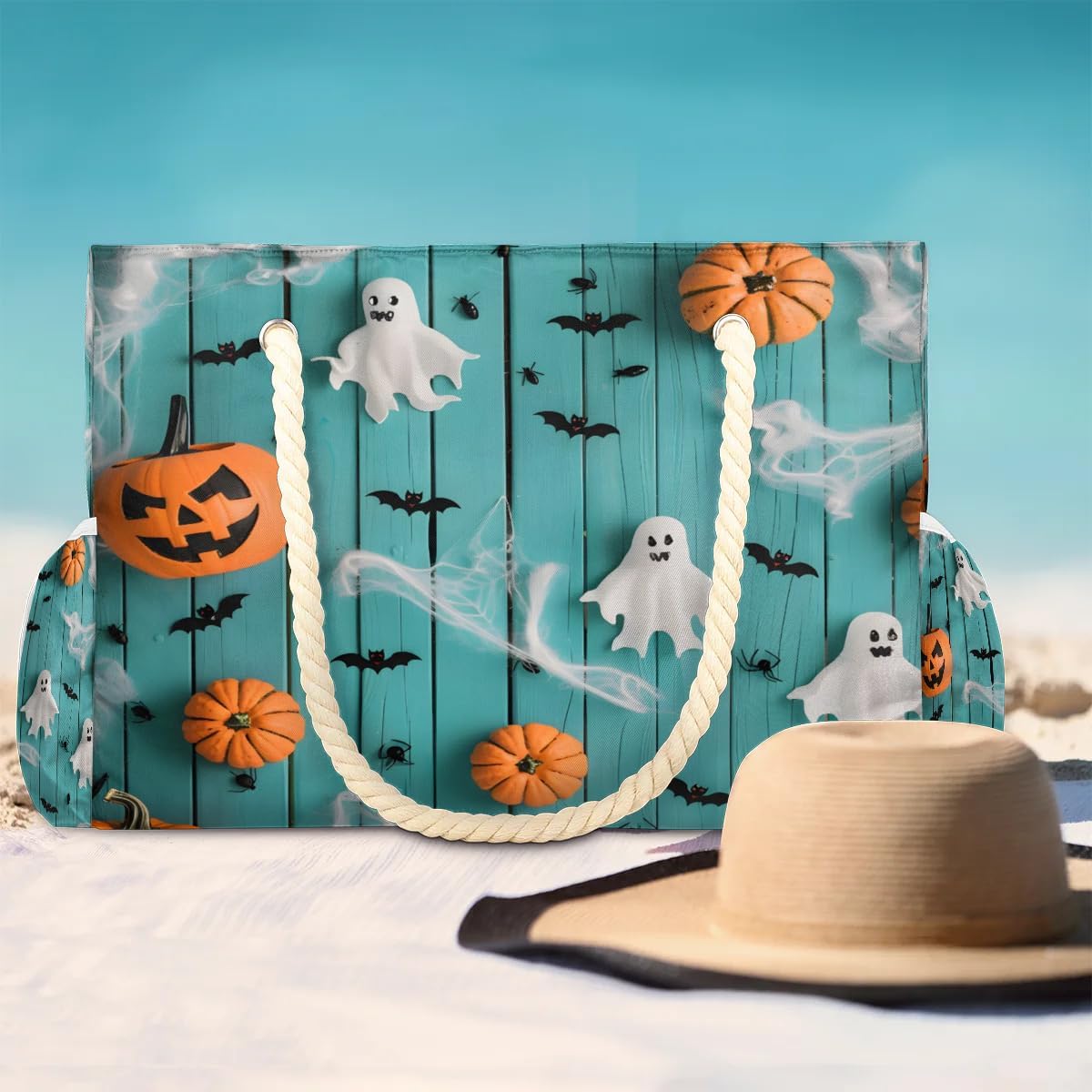 Halloween Plank Spooky Spider Beach Bags Waterproof Sandproof for Women, Large with Zipper Pool Beach Tote Reusable Grocery Shoulder Bag for Swim Travel Shopping Vacation Picnic