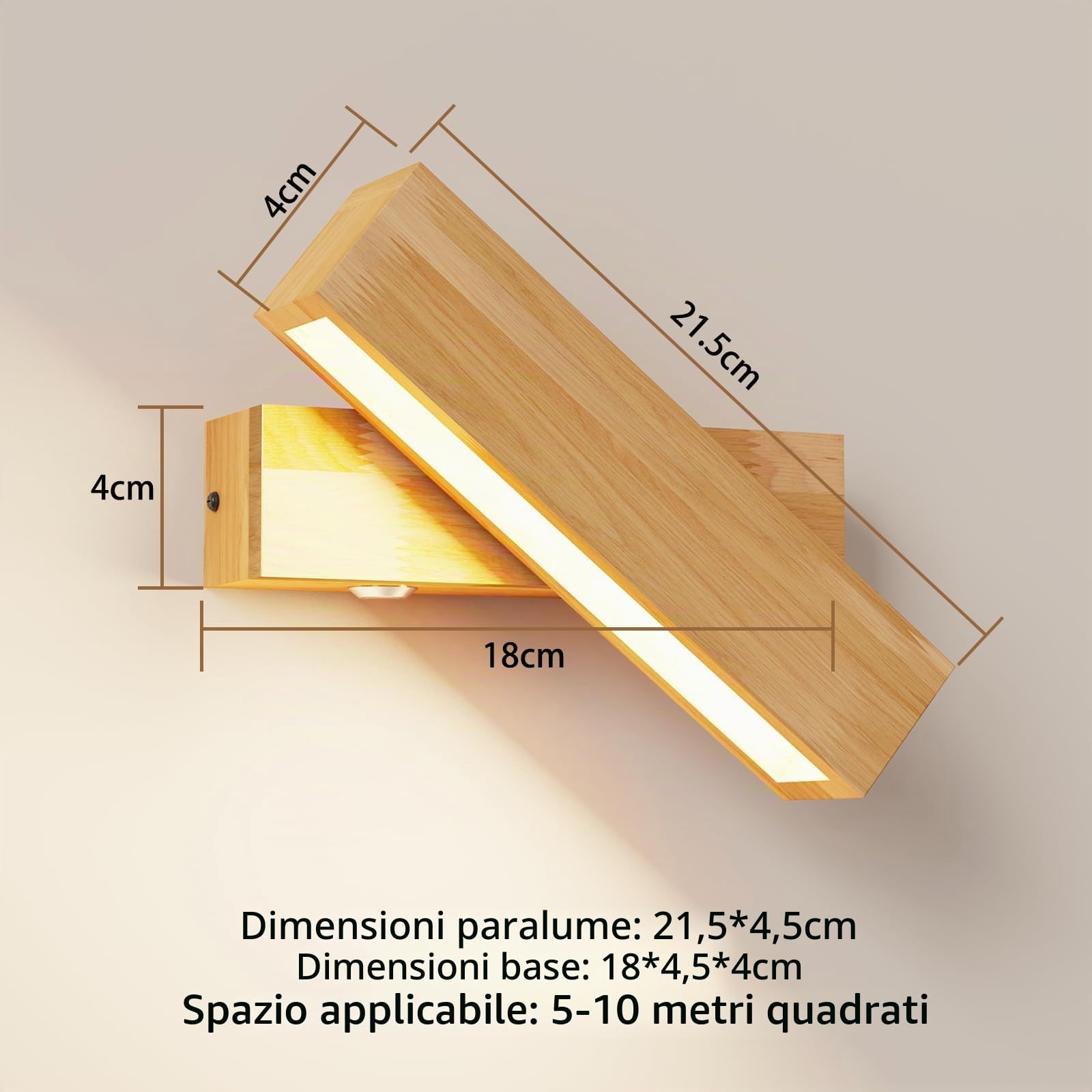 Applique da Parete Interno in Legno 8W, Touch Dimmerabile, Luce Calda 3000K | Lampada da Comodino a Muro, Ruotabile 270°, Paralume in Acrilico per Camera da Letto, Soggiorno, Angolo Lettura, 21.5 * 4.5cm