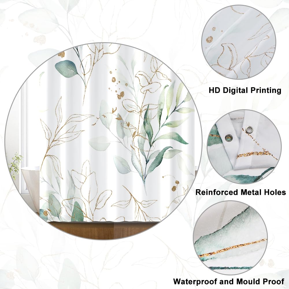 Cortina de Ducha de Hoja Eucalipto, Cortinas de Ducha Verde Oro Abstracto Planta Cortinas de Baño Antimoho Impermeable Lavable Tejido de Poliéster Cortina Ducha con 12 Ganchos 120x200cm — view 4