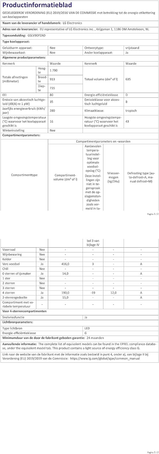 LG GSLV90PZAD Frigorifero Americano 635 Litri Clase Energetica D No Frost Silver