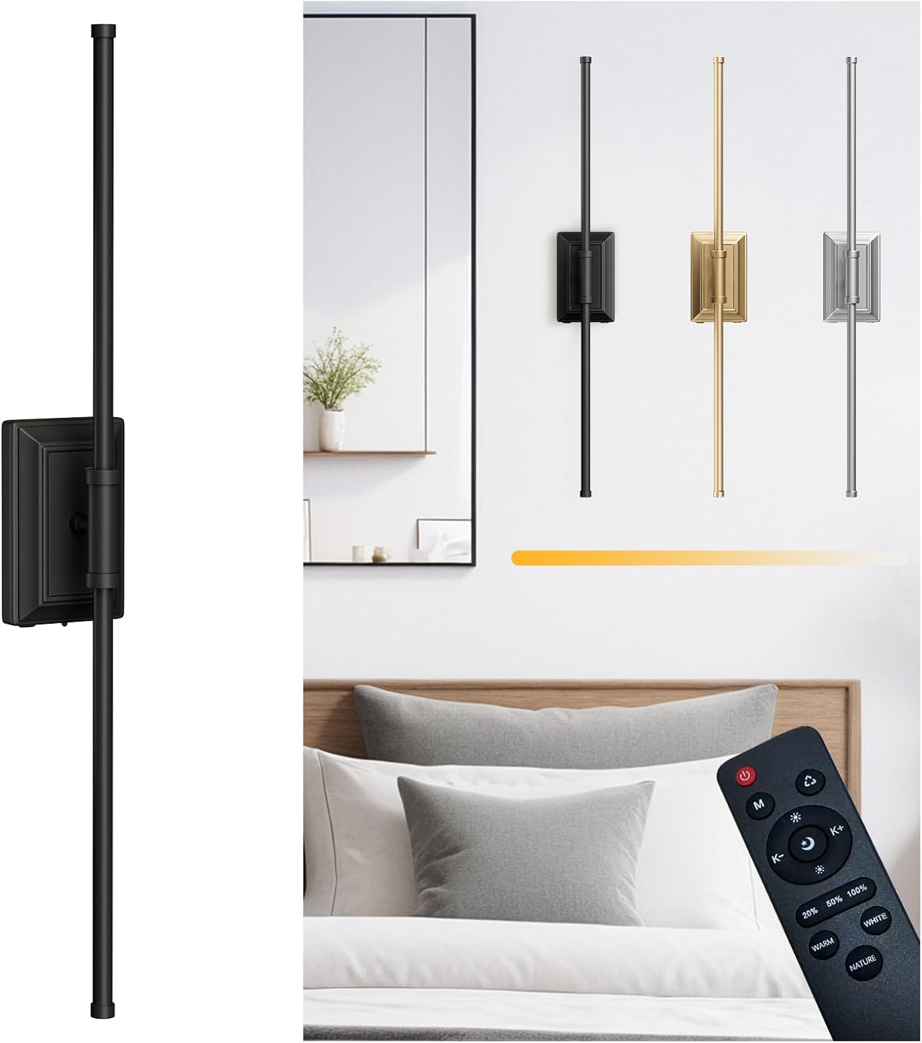 Battery Operated Wall Light - Black Picture Led Plug in Walls Sconce Fixture Indoor - Bathroom Sconces RechargeableL 24in，1PK